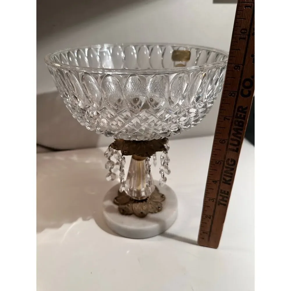 VTG Hollywood Regency Crystal pedestal Bowl W/Prisms Brass Glass Marble Base